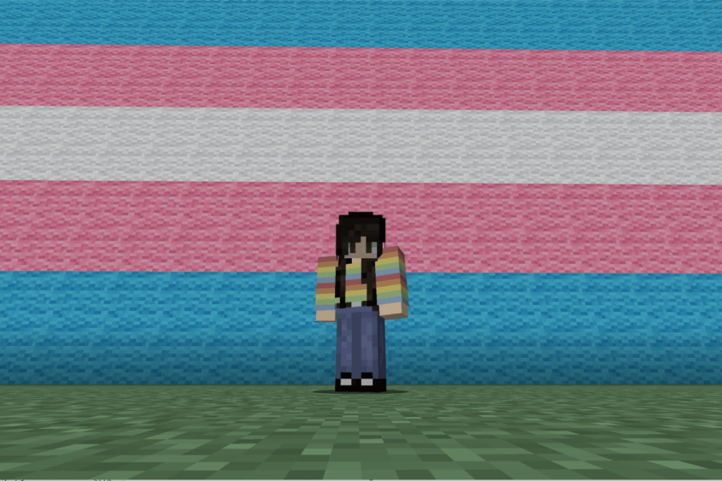 Minecraft Avatar isolated against a wall depicting the Transgender flag colours.