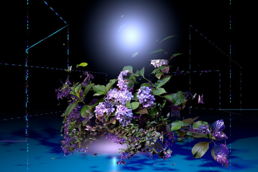 A white light shines against a dark background illuminating a futuristic looking plant with green leaves and purple flowers