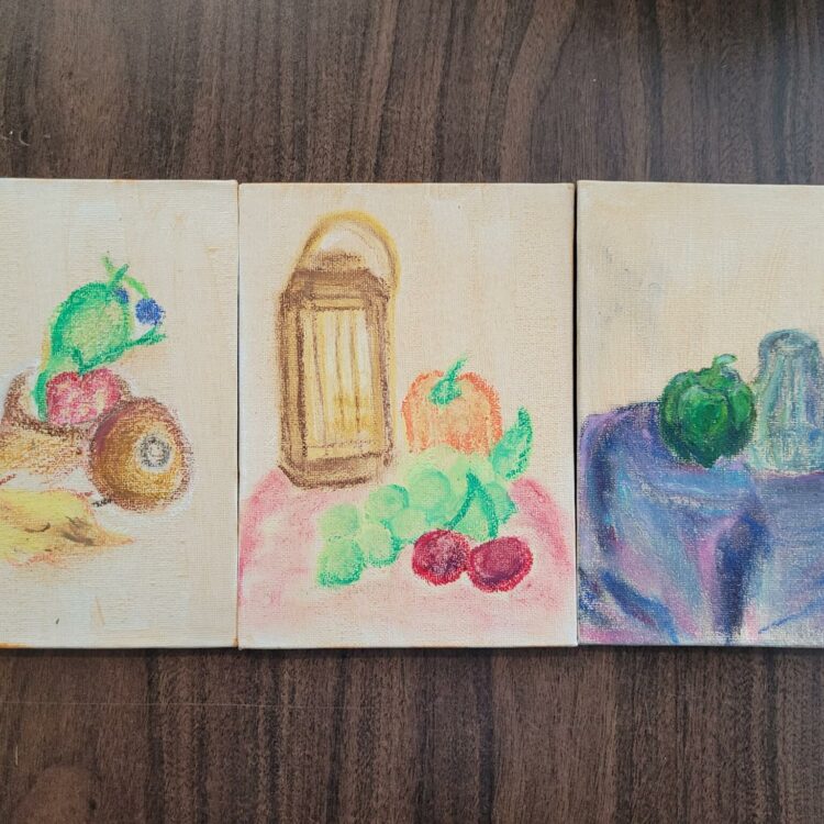 Oil pastel artwork examples of still life drawing featuring vegetables and fruit.