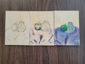 Three small art pieces showing step by step how to draw with layering pastels to complete the studio activity.