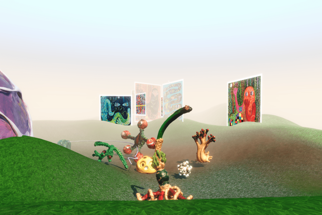 View in virtual reality of futuristic plant life in rolling green hills. Large floating canvases can be seen in the background