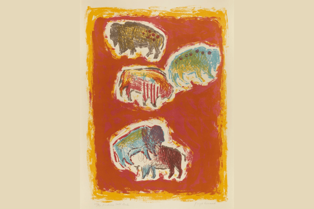 Colourful print with five buffalo on a red background with yellow boarders.