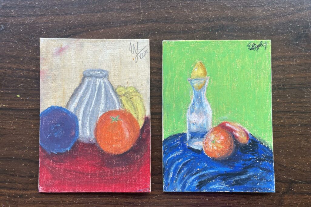 Drawings of fruit and glassware done in pastel.
