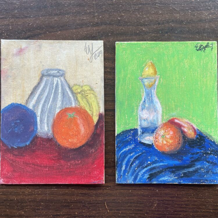 Drawings of fruit and glassware done in pastel.
