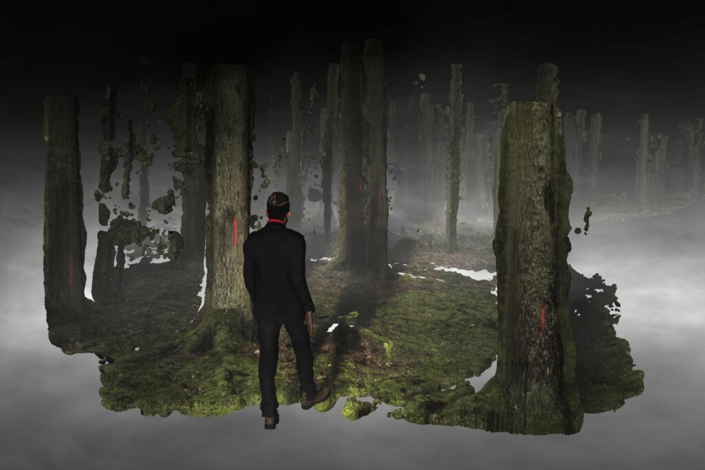 A digitally rendered forest is pictured, the forest doesn't expand to the edges of the frame, a man is seen walking into the forest with this back turned.