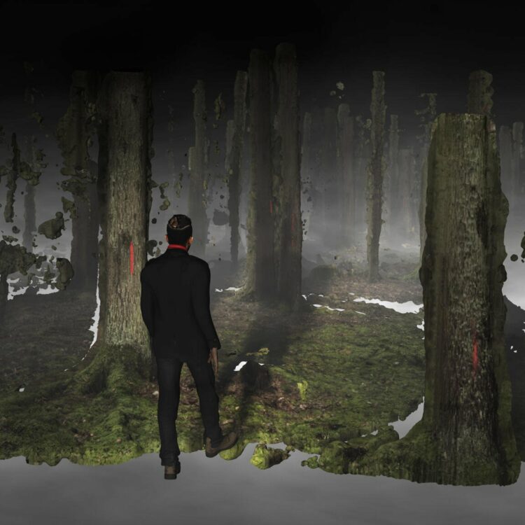 A digitally rendered forest is pictured, the forest doesn't expand to the edges of the frame, a man is seen walking into the forest with this back turned.