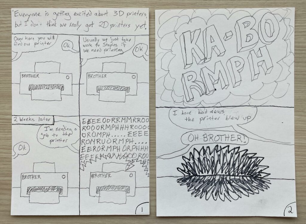 A comic books style drawing displays 6 panels about a printer that stopped working.